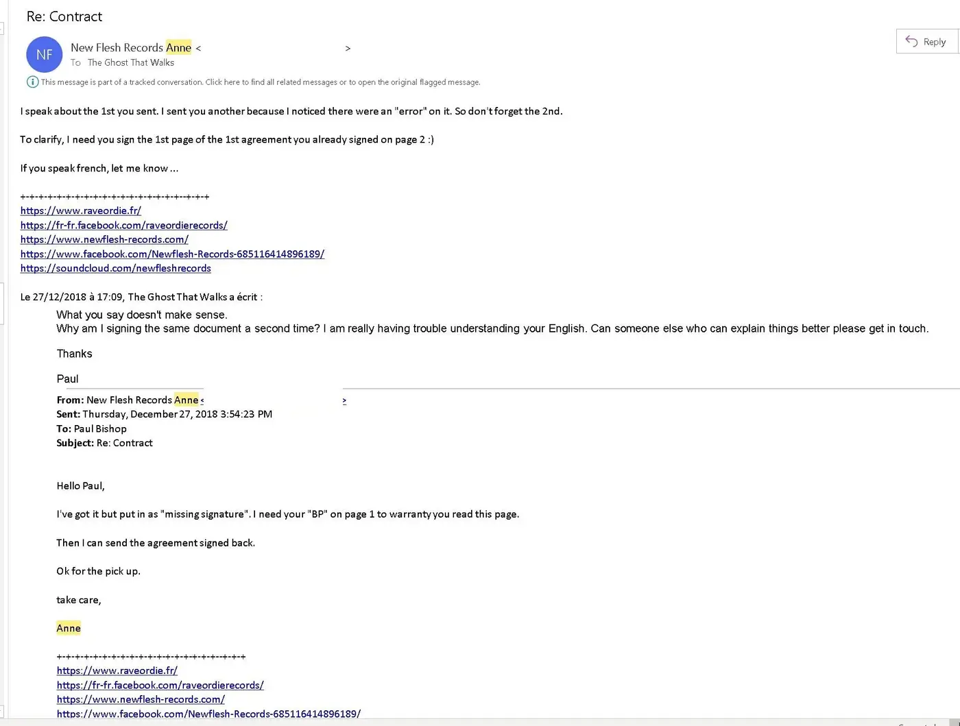 Screenshot: email reply from the label