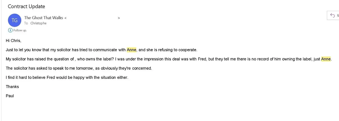 Screenshot: email exchange with the label