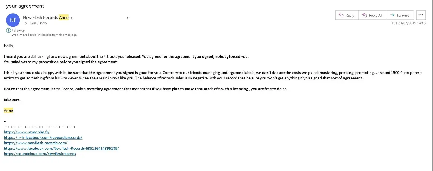 Screenshot: the label’s email quoted above