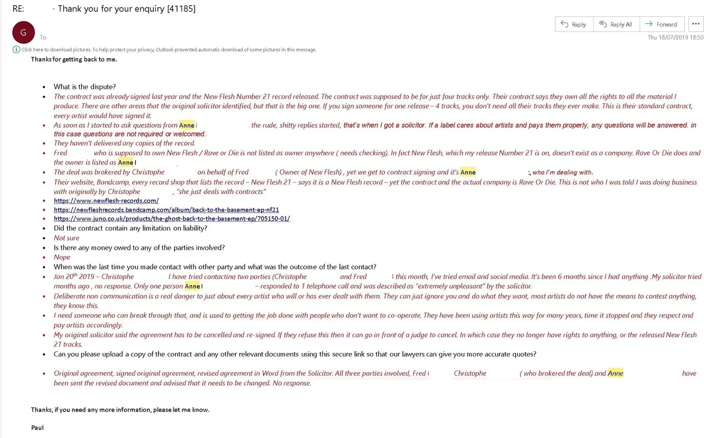 Screenshot: information sent to the solicitor