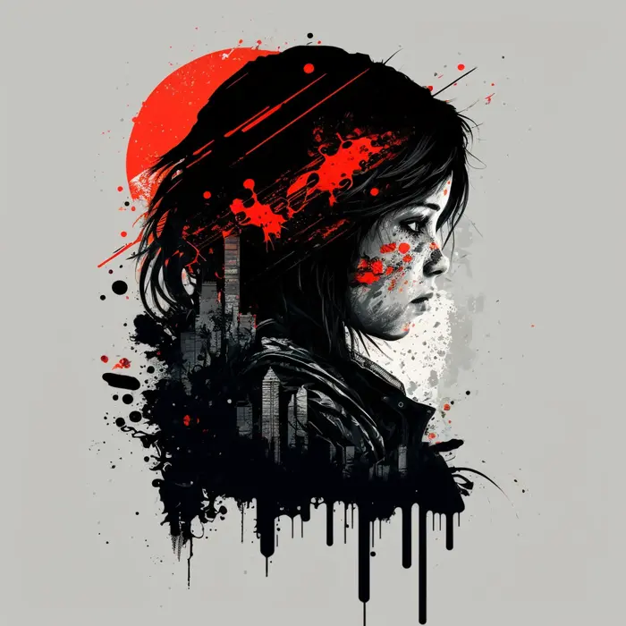 Ink portrait of a young woman before a red sun