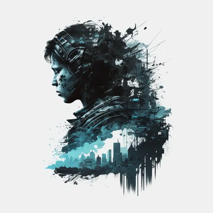 Ink figure dissolving into a cyan city